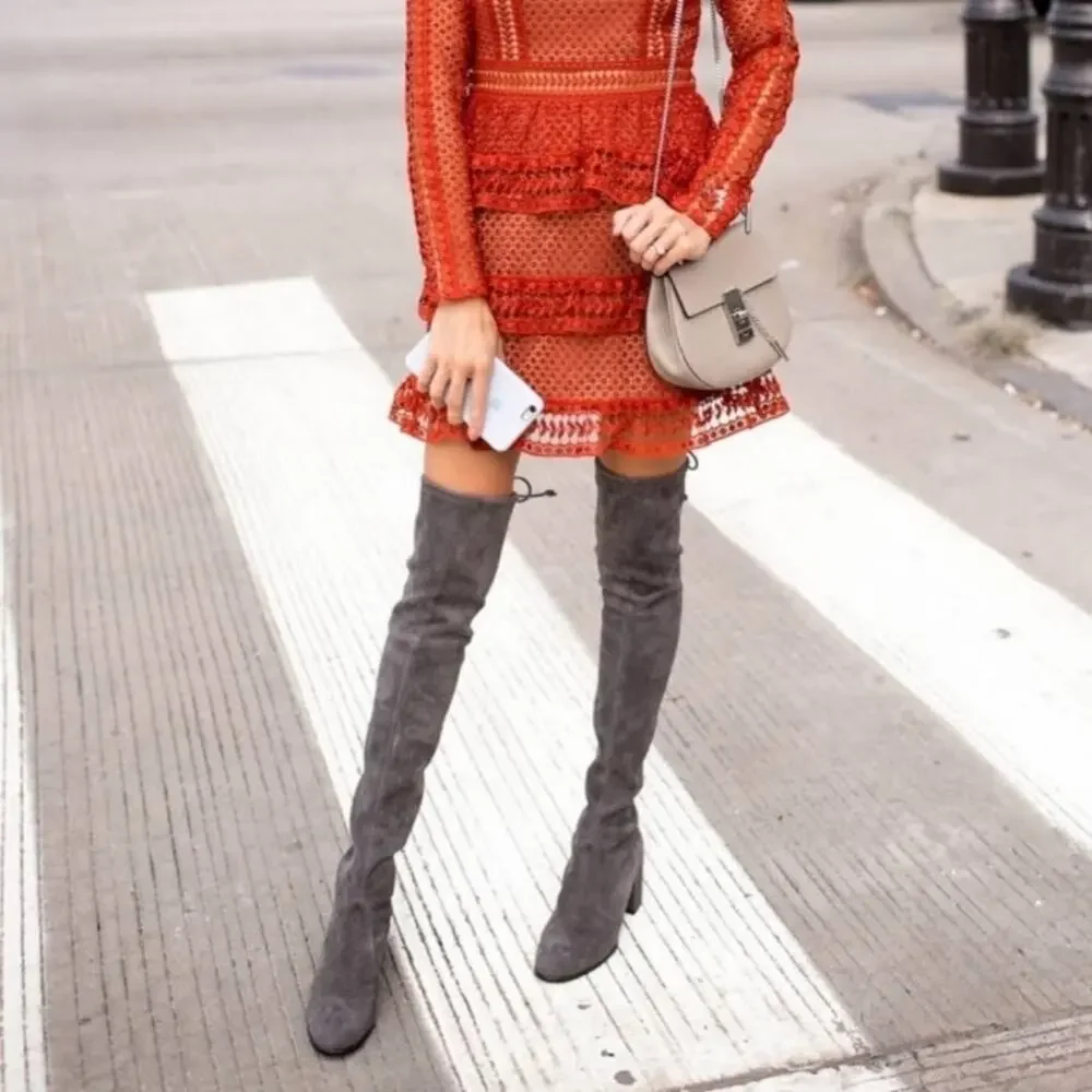Stuart Weitzman Over The Knee Boots Sz 7M GRAY Leather SUEDE Pullon TIELAND $980